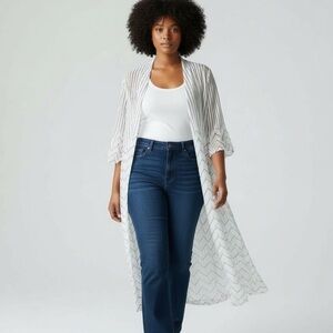 NWT Chico’s Travelers Cardi Duster Size 2 (12/14) Black/White Stripe Chevron L